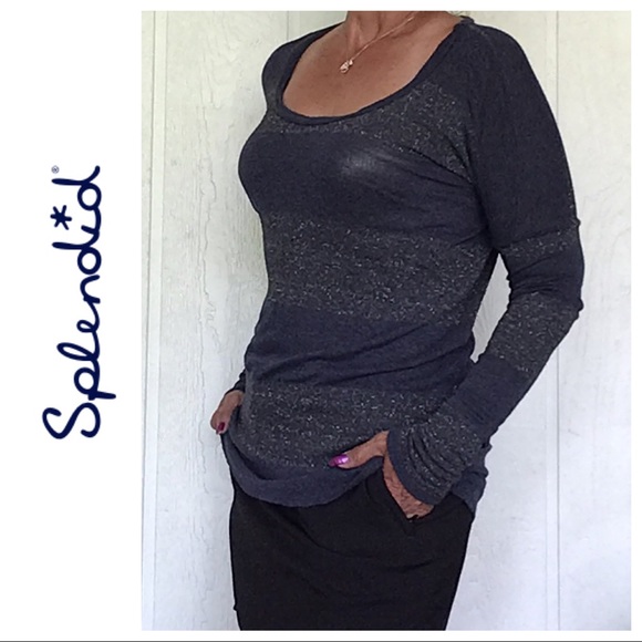 SPLENDID LONG SLEEVE LAYERING STRIPED BURNOUT TOP SMALL - Picture 5 of 8